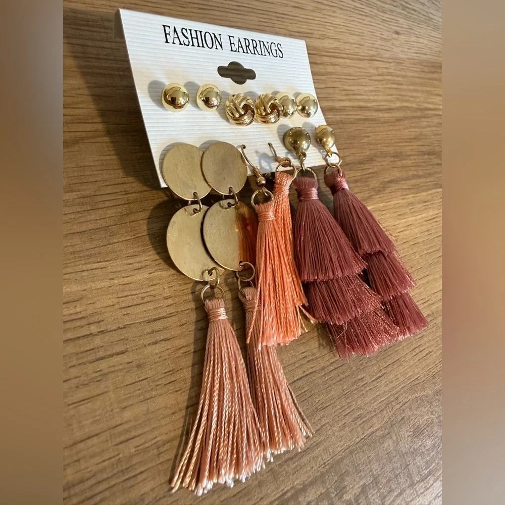 Gold Fashion Earrings Set Studs & Tassel Dangles Blush & Mauve (6 Pairs)
